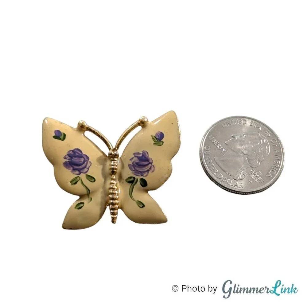Vintage Cream Butterfly Purple Rose Flowers Hand Painted Enamel Gold Tone Brooch